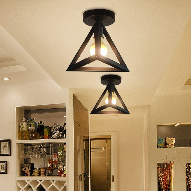 Iron Caged Flush Mount Ceiling Lamp - Industrial Style with 1-Bulb - Black