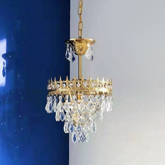 Crown Pendant Light with Crystal Drops - Vintage Single-Bulb Metal Ceiling Fixture