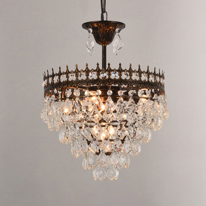 Crown Pendant Light with Crystal Drops - Vintage Single-Bulb Metal Ceiling Fixture