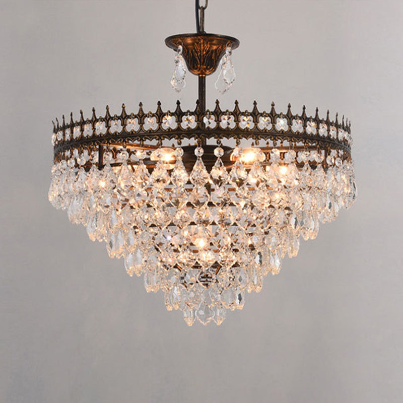 Crown Pendant Light with Crystal Drops - Vintage Single-Bulb Metal Ceiling Fixture