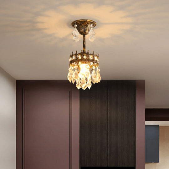 Crown Pendant Light with Crystal Drops - Vintage Single-Bulb Metal Ceiling Fixture