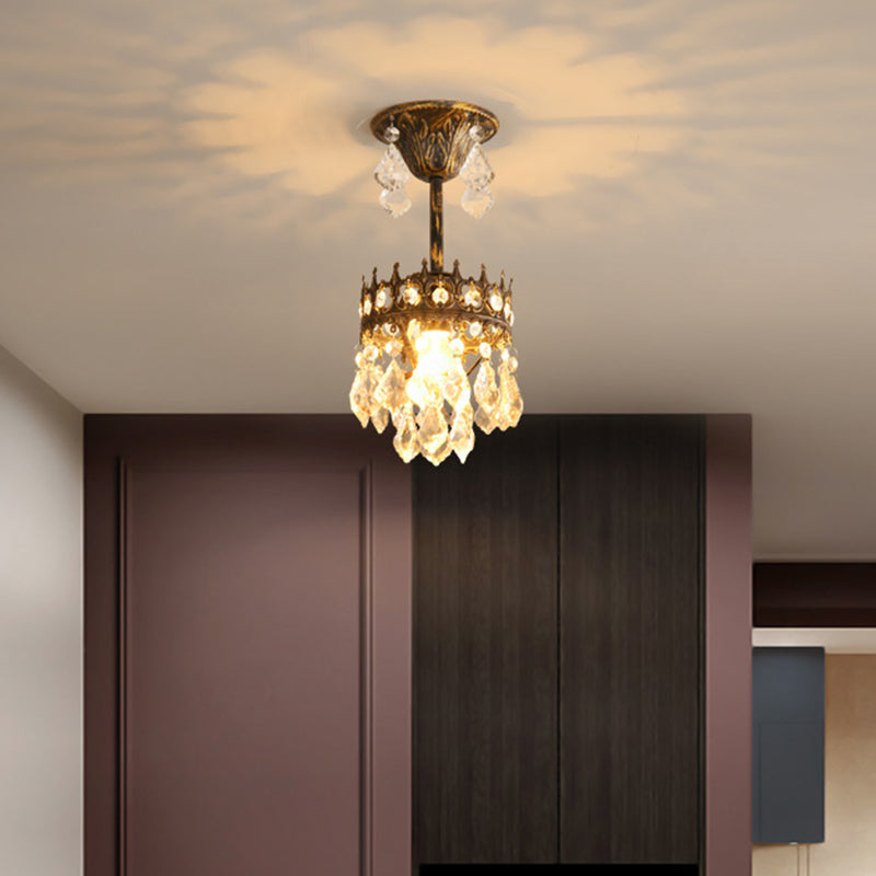 Crown Pendant Light with Crystal Drops - Vintage Single-Bulb Metal Ceiling Fixture