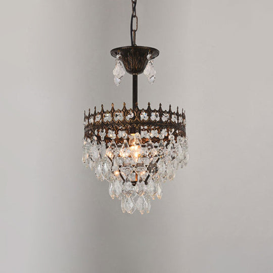 Crown Pendant Light with Crystal Drops - Vintage Single-Bulb Metal Ceiling Fixture