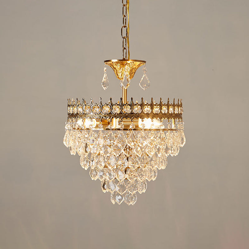 Crown Pendant Light with Crystal Drops - Vintage Single-Bulb Metal Ceiling Fixture
