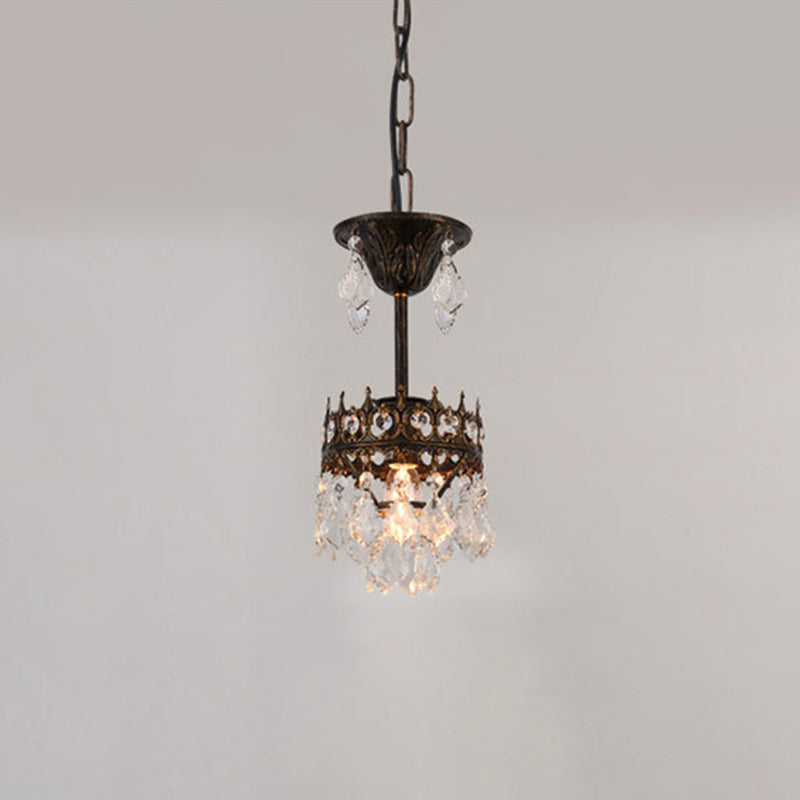 Crown Pendant Light with Crystal Drops - Vintage Single-Bulb Metal Ceiling Fixture