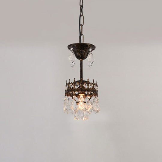 Crown Pendant Light with Crystal Drops - Vintage Single-Bulb Metal Ceiling Fixture