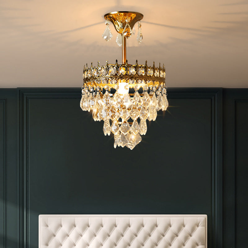 Crown Pendant Light with Crystal Drops - Vintage Single-Bulb Metal Ceiling Fixture