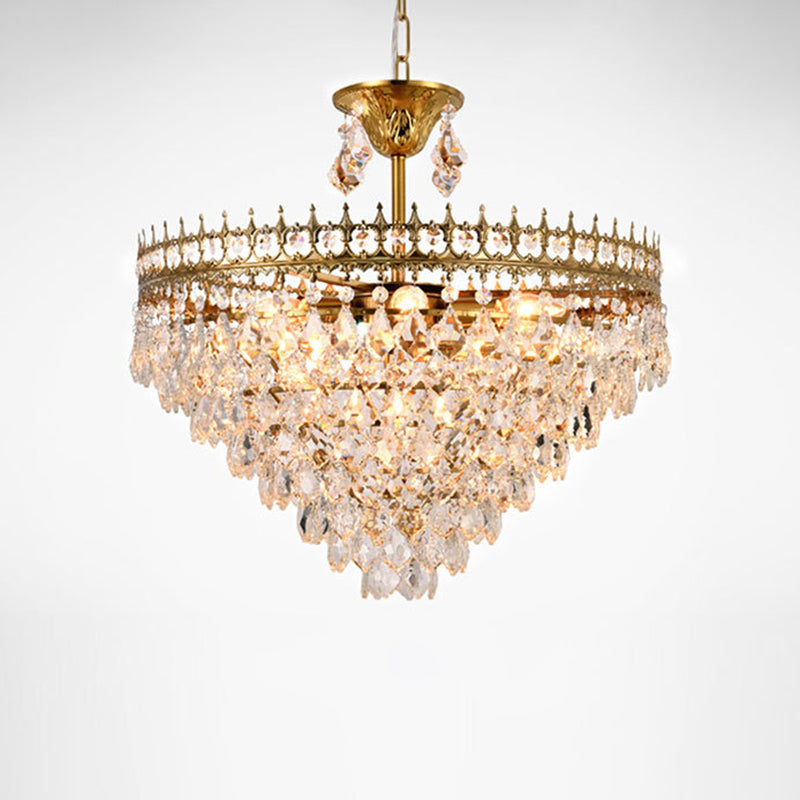 Crown Pendant Light with Crystal Drops - Vintage Single-Bulb Metal Ceiling Fixture