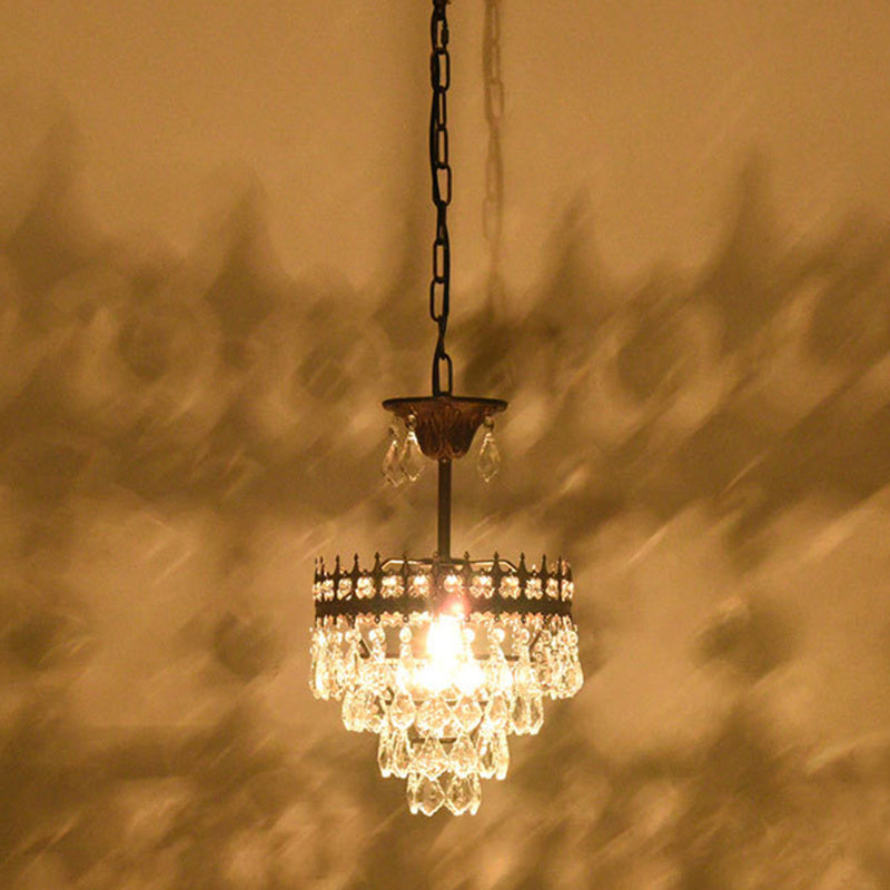 Crown Pendant Light with Crystal Drops - Vintage Single-Bulb Metal Ceiling Fixture