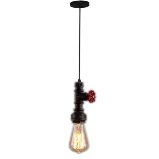 Industrial Water Pipe Bedside Pendant Light Fixture: 1-Head Wrought Iron Hanging Lamp