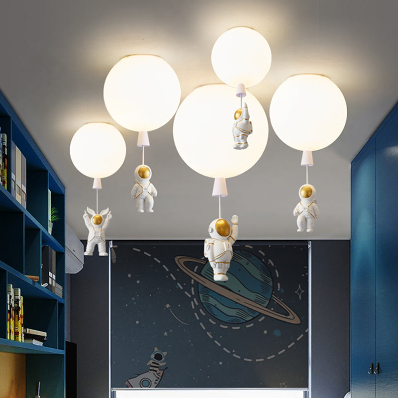 Kids Astronaut and Balloon Ceiling Light – White 1-Bulb Flush Mount with Acrylic Shade
