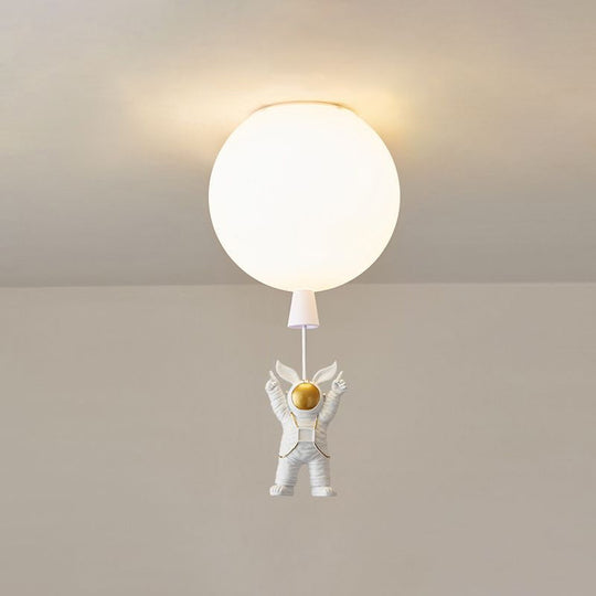Kids Astronaut and Balloon Ceiling Light – White 1-Bulb Flush Mount with Acrylic Shade