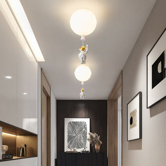 Kids Astronaut and Balloon Ceiling Light – White 1-Bulb Flush Mount with Acrylic Shade