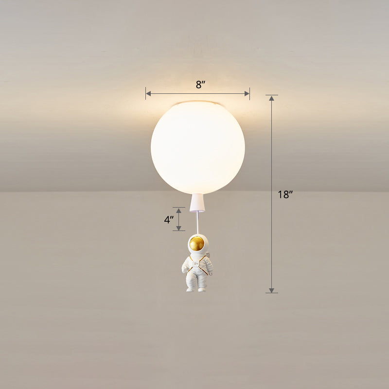 Kids Astronaut and Balloon Ceiling Light – White 1-Bulb Flush Mount with Acrylic Shade