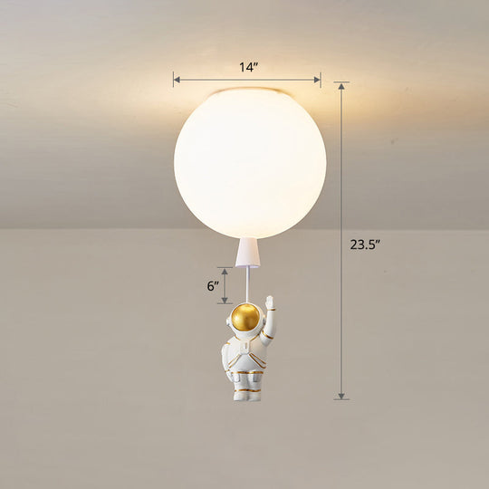 Kids Astronaut and Balloon Ceiling Light – White 1-Bulb Flush Mount with Acrylic Shade