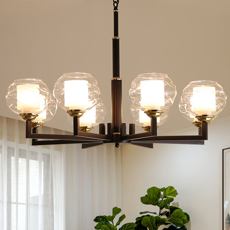 Traditional Black Ceiling Lamp - 3/6/8 Bulbs, Clear Textured Glass, Living Room Pendant Light
