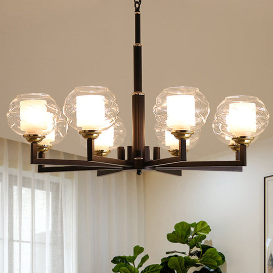 Traditional Black Ceiling Lamp - 3/6/8 Bulbs, Clear Textured Glass, Living Room Pendant Light