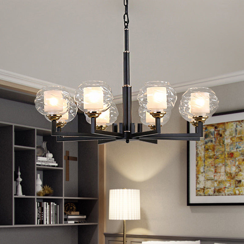 Traditional Black Ceiling Lamp - 3/6/8 Bulbs, Clear Textured Glass, Living Room Pendant Light