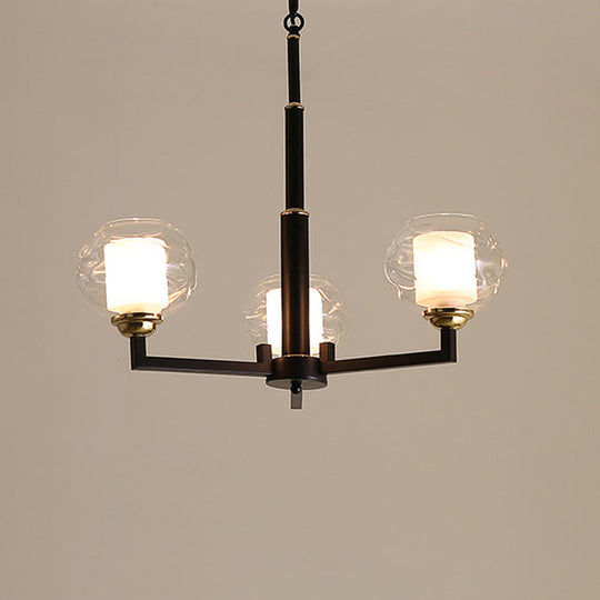 Traditional Black Ceiling Lamp - 3/6/8 Bulbs, Clear Textured Glass, Living Room Pendant Light