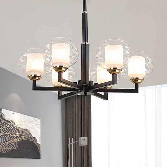 Traditional Black Ceiling Lamp - 3/6/8 Bulbs, Clear Textured Glass, Living Room Pendant Light
