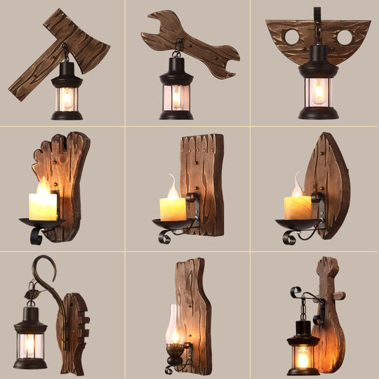 Rustic Wooden Geometric Wall Sconce - Brown 1-Light Wall Mounted Light for Restaurants