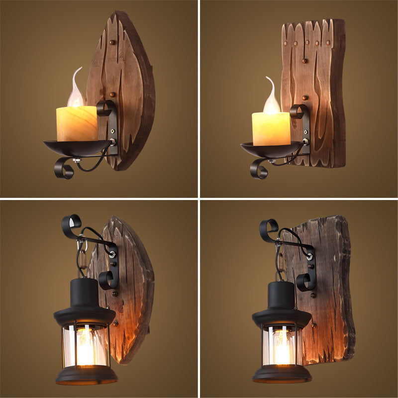 Rustic Wooden Geometric Wall Sconce - Brown 1-Light Wall Mounted Light for Restaurants