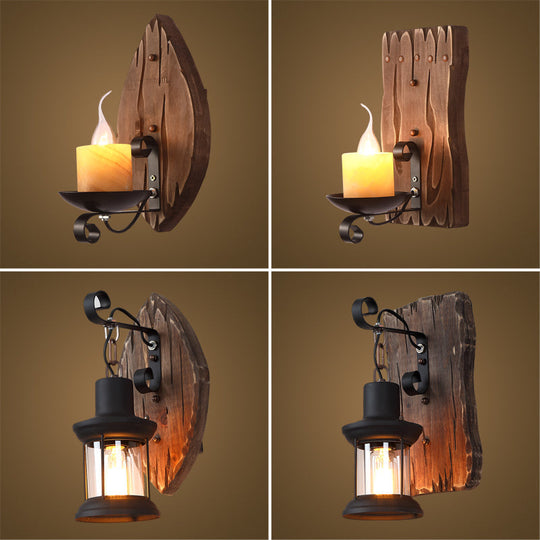 Rustic Wooden Geometric Wall Sconce - Brown 1-Light Wall Mounted Light for Restaurants