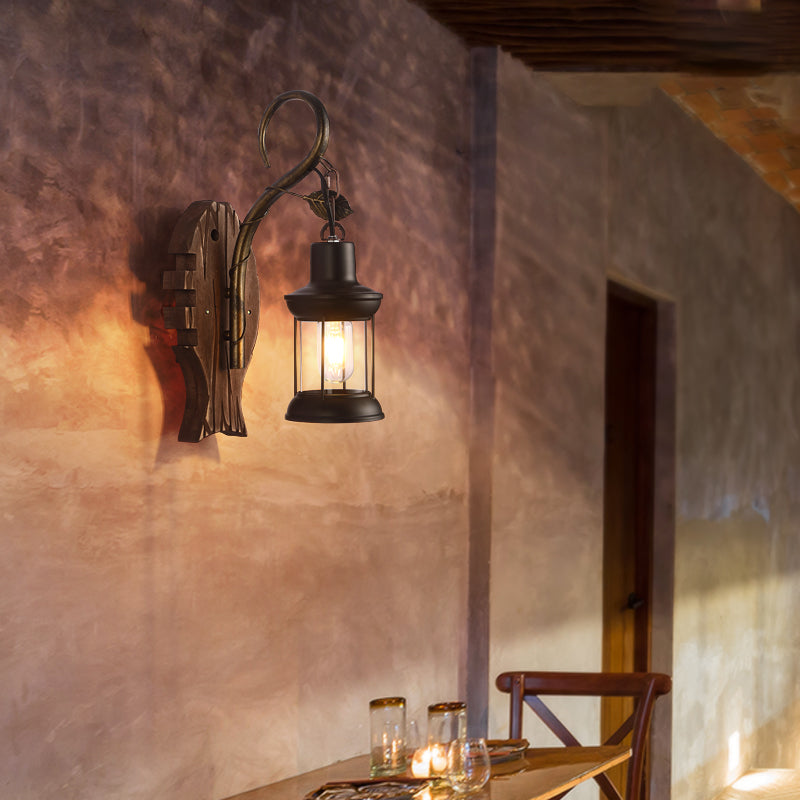 Rustic Wooden Geometric Wall Sconce - Brown 1-Light Wall Mounted Light for Restaurants