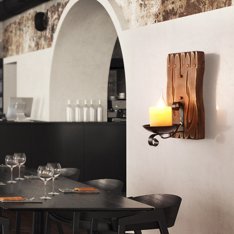 Rustic Wooden Geometric Wall Sconce - Brown 1-Light Wall Mounted Light for Restaurants