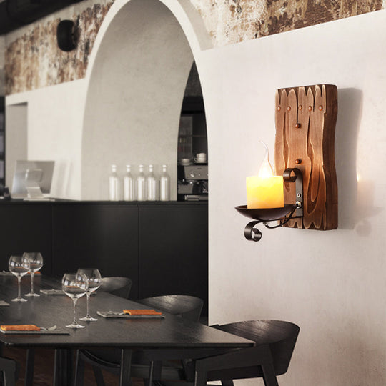 Rustic Wooden Geometric Wall Sconce - Brown 1-Light Wall Mounted Light for Restaurants