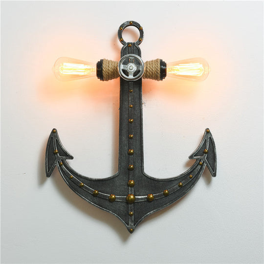 Iron Anchor Wall Lamp Art Deco 2-Bulb Sconce Light Fixture for Bedrooms in Black