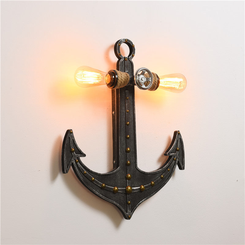 Iron Anchor Wall Lamp Art Deco 2-Bulb Sconce Light Fixture for Bedrooms in Black