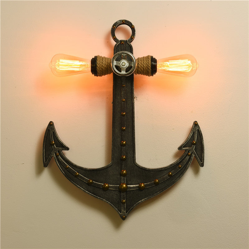 Iron Anchor Wall Lamp Art Deco 2-Bulb Sconce Light Fixture for Bedrooms in Black