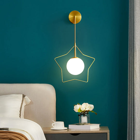 Nordic Brass Star Wall Lamp with Glass Shade for Single Bedroom