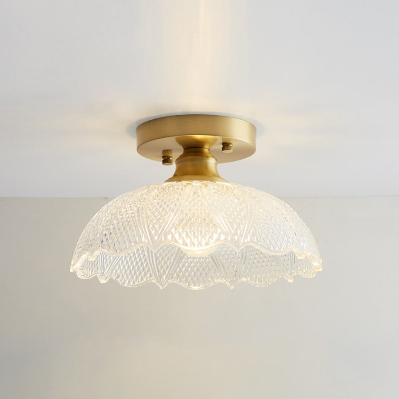 Brass Semi Flush Mount Ceiling Light for Aisle: Textured Glass, 1-Light, Industrial Style