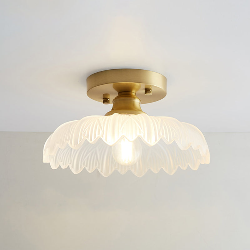 Brass Semi Flush Mount Ceiling Light for Aisle: Textured Glass, 1-Light, Industrial Style