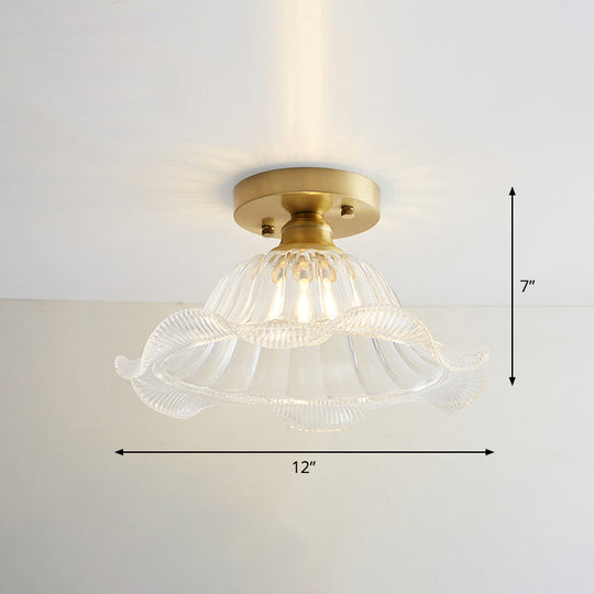 Brass Semi Flush Mount Ceiling Light for Aisle: Textured Glass, 1-Light, Industrial Style