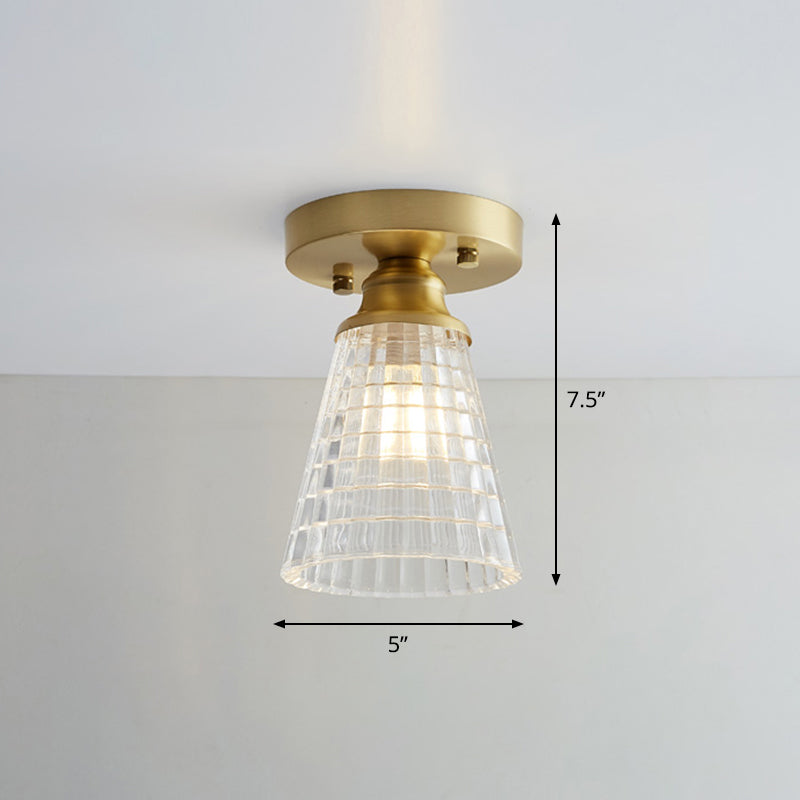 Brass Semi Flush Mount Ceiling Light for Aisle: Textured Glass, 1-Light, Industrial Style