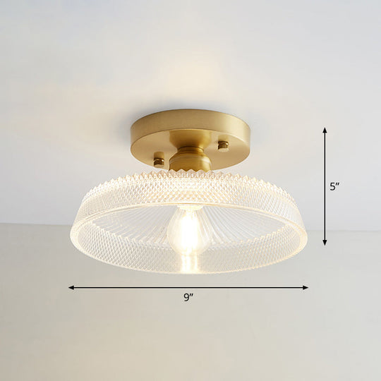 Brass Semi Flush Mount Ceiling Light for Aisle: Textured Glass, 1-Light, Industrial Style
