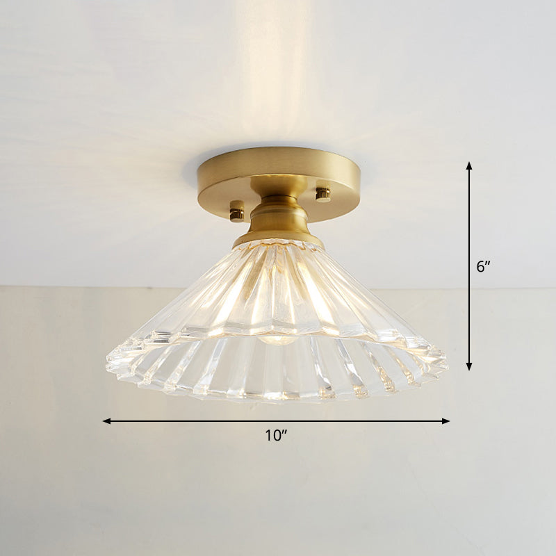 Brass Semi Flush Mount Ceiling Light for Aisle: Textured Glass, 1-Light, Industrial Style