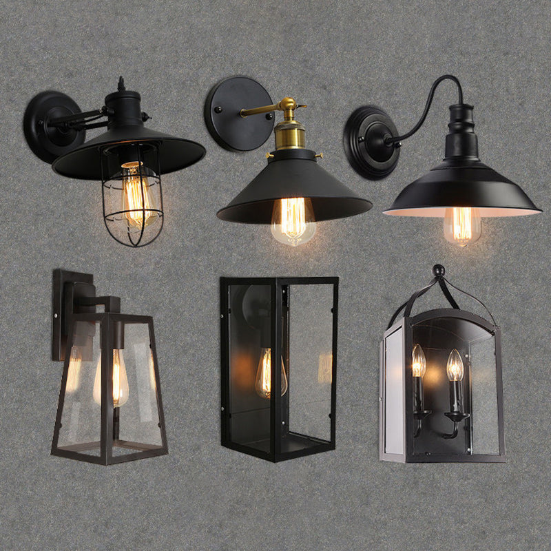 Industrial Metal Wall Mount Lamp with Black Shade - 1 Head Corridor Lighting