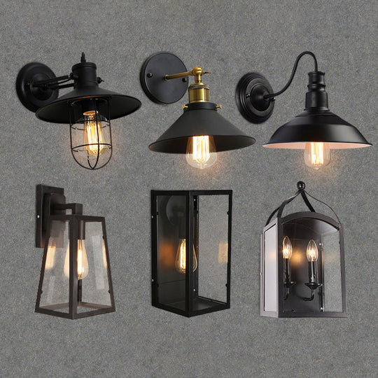 Industrial Metal Wall Mount Lamp with Black Shade - 1 Head Corridor Lighting