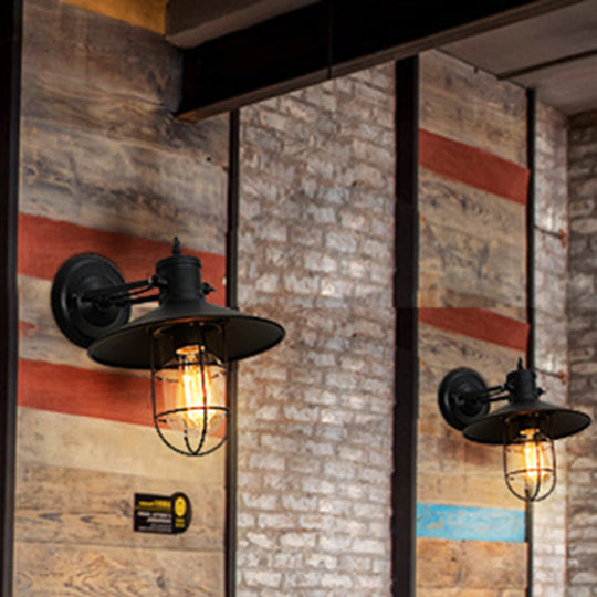 Industrial Metal Wall Mount Lamp with Black Shade - 1 Head Corridor Lighting