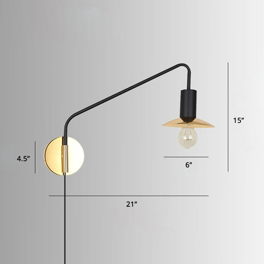 Industrial Metal Swing Arm Sconce Lamp with Saucer Lampshade - Single Living Room Reading Light