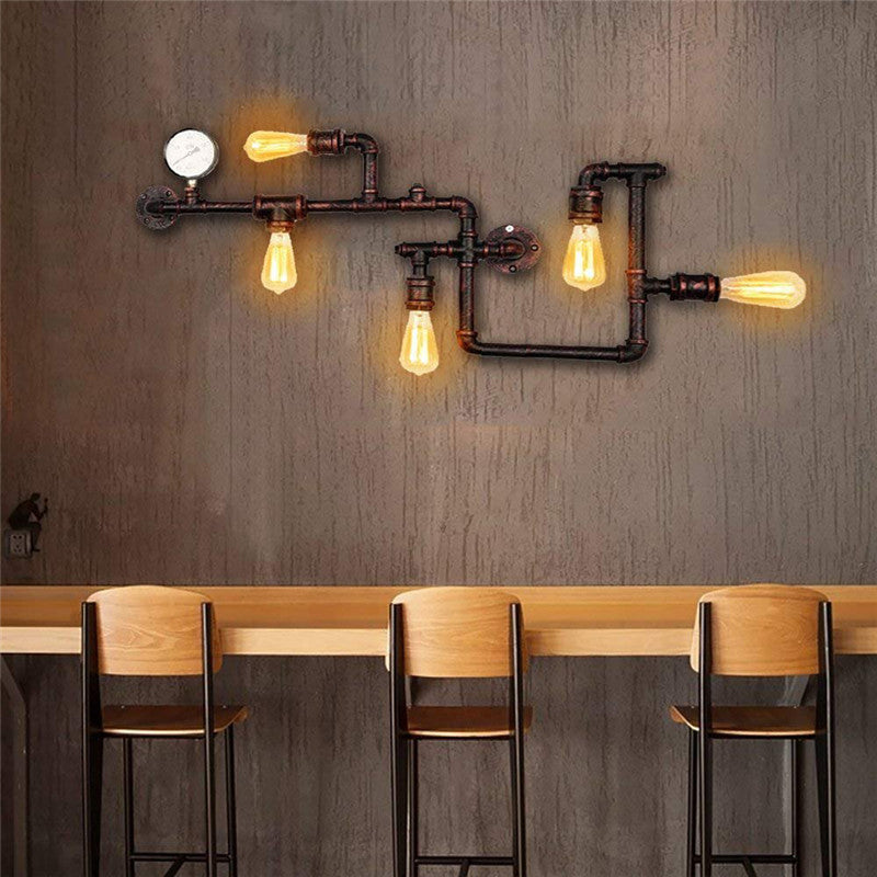 Iron Wall Lighting Industrial Sconce with Decorative Gauge for Restaurants -5 Bulb Water Pipe Design