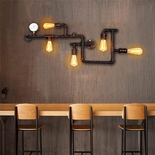 Iron Wall Lighting Industrial Sconce with Decorative Gauge for Restaurants -5 Bulb Water Pipe Design