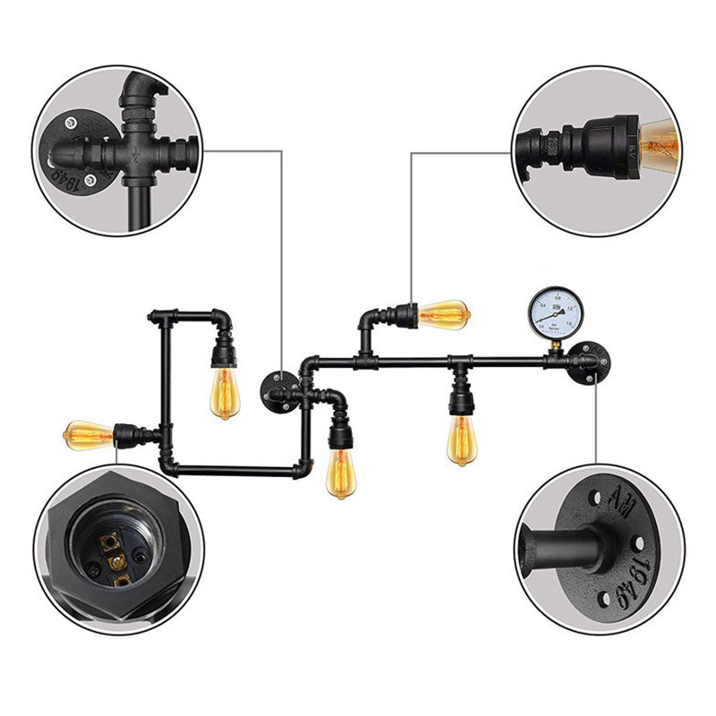 Iron Wall Lighting Industrial Sconce with Decorative Gauge for Restaurants -5 Bulb Water Pipe Design