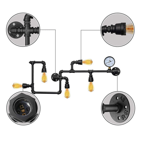 Iron Wall Lighting Industrial Sconce with Decorative Gauge for Restaurants -5 Bulb Water Pipe Design