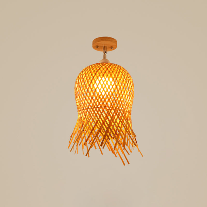 Cage Style Asian Bamboo Ceiling Light - Wood Semi Flush Single-Bulb Aisle Mounted