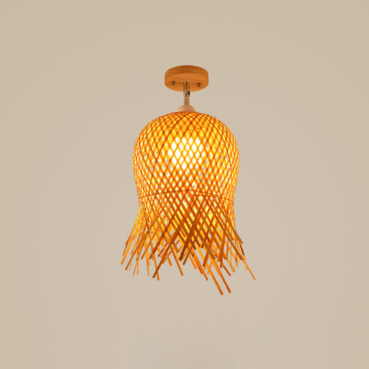 Cage Style Asian Bamboo Ceiling Light - Wood Semi Flush Single-Bulb Aisle Mounted